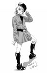  arm_at_side arm_up belt belt_buckle boots buckle dated greyscale hat head_tilt jacket knee_boots long_hair long_sleeves low_ponytail monochrome original pants peaked_cap ponytail sleeves_past_wrists solo standing werkbau white_background 