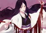  bad_id bad_pixiv_id bankai bleach blood blood_on_face bloody_clothes breasts cleavage collarbone commentary_request haori japanese_clothes long_hair looking_at_viewer purple_hair red_eyes ronisuke solo spoilers taichou_haori unohana_retsu very_long_hair whip_sword 