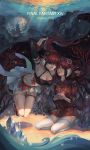  au_ra bandeau blue_eyes breasts cleavage crystal detached_sleeves dragon_horns dragon_tail final_fantasy final_fantasy_xiv flower hair_flower hair_ornament halterneck highres hisui_(ffxiv) horns kneeling kurenai_(ffxiv) long_hair looking_at_another medium_breasts multiple_girls nail_polish open_mouth ponytail red_hair sandals scales skirt sky star_(sky) starry_sky tail thigh_strap thighhighs tuanzi_miao 