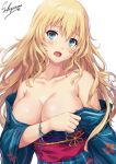  alternate_costume artist_name atago_(kantai_collection) bare_shoulders blonde_hair blue_eyes blue_kimono blush breasts cleavage collarbone covering covering_breasts embarrassed hair_between_eyes japanese_clothes kantai_collection kimono large_breasts long_hair looking_at_viewer nail_polish obi open_clothes open_kimono open_mouth purple_sash red_nails sakiyamama sash simple_background solo upper_body white_background wristband yukata 