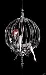  androgynous black_background cage gem_uniform_(houseki_no_kuni) hair_between_eyes highres houseki_no_kuni looking_at_viewer mercury necktie red_eyes red_hair shii4ko5 shinsha_(houseki_no_kuni) short_hair solo 