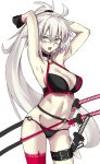  absurdres ahoge alternate_hairstyle arms_up bespectacled bikini black_bikini blush bow breasts choker cleavage collarbone commentary_request cowboy_shot eyebrows_visible_through_hair fate/grand_order fate_(series) glasses hair_between_eyes hair_bow high_ponytail highres jacket jeanne_d'arc_(alter_swimsuit_berserker) jeanne_d'arc_(fate)_(all) katana large_breasts long_hair long_ponytail looking_at_viewer o-ring open_mouth ponytail red_legwear sheath sheathed simple_background solo swimsuit sword thigh_strap thighs very_long_hair weapon yellow_eyes yuchio 