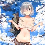  blue_eyes blue_sky blush breasts cleavage cloud collarbone day hair_ornament hair_over_one_eye hairclip hamakaze_(kantai_collection) highres kantai_collection large_breasts looking_at_viewer marie_mushroom midriff navel outdoors pantyhose shiny shiny_skin shirt short_hair silver_hair skirt sky solo standing stomach torn_clothes torn_legwear torn_shirt torn_skirt upper_body water 