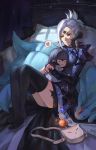  armor au_ra black_legwear braid carbuncle_(final_fantasy) doll final_fantasy final_fantasy_xiv heart heterochromia panties scales short_hair sitting sky smile solo spoken_heart star_(sky) starry_sky thighhighs tuanzi_miao underwear white_hair 