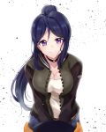  bangs blue_eyes blue_hair breasts cleavage collar collarbone eyebrows_visible_through_hair floating_hair hair_between_eyes high_ponytail highres jacket leaning_forward long_hair looking_at_viewer love_live! love_live!_sunshine!! matsuura_kanan medium_breasts open_clothes open_jacket shirt simple_background smile solo standing swept_bangs upper_body very_long_hair white_background white_shirt zyenokana 