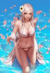  bikini blonde_hair breasts cleavage commentary dungeon_and_fighter female_slayer_(dungeon_and_fighter) flower hair_flower hair_ornament highres korean_commentary long_hair looking_at_viewer medium_breasts monaim petals petals_on_liquid red_eyes solo standing swimsuit vagabond_(dungeon_and_fighter) very_long_hair wading water wet 