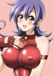  1girl bare_shoulders blush breasts brown_eyes choker commentary_request curly_hair dress duel_masters erect_nipples fingerless_gloves gloves hair_between_eyes large_breasts long_hair looking_at_viewer nail_polish open_mouth panties pink_nails purple_hair rail-ykr red_dress red_gloves shiny shiny_clothes shiny_skin simple_background solo tasogare_mimi taut_clothes taut_dress underwear upper_body white_panties 