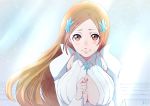  bad_id bad_pixiv_id bleach blush breasts brown_eyes brown_hair cleavage cleavage_cutout detached_sleeves hair_ornament hairpin huge_breasts inoue_orihime long_hair looking_at_viewer ronisuke smile solo 