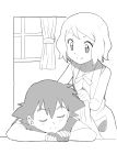  bare_shoulders blanket coat collarbone creatures_(company) curtain fingerless_gloves game_freak gloves greyscale hand_up hands_together happy holding indoors looking_at_another looking_down monochrome natsunagi_takaki nintendo pokemon pokemon_(anime) pokemon_xy_(anime) serena_(pokemon) shirt short_hair short_sleeves sitting sleeveless sleeveless_shirt smile standing white_background window 
