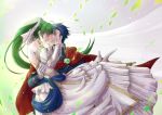  1girl blue_eyes blue_hair bridal_veil bride bride_(fire_emblem) cape carrying couple dress fire_emblem fire_emblem:_rekka_no_ken fire_emblem_heroes green_hair hector_(fire_emblem) hetero highres leaf long_hair lyndis_(fire_emblem) ponytail princess_carry red_cape rokusashu short_hair smile veil wedding wedding_dress white_dress 