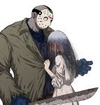  1girl bald blood bloody_weapon blue_gloves blush clothes_grab crossover dress friday_the_13th gloves hockey_mask horror_(theme) jacket jacket_grab jason_voorhees long_hair machete mask outsuki the_ring upper_body weapon white_dress yamamura_sadako 