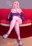 blonde_hair breasts cavalry_(maslow) cleavage commission couch crossed_arms crossed_legs cum cum_on_body cum_on_lower_body english evangeline_a_k_mcdowell evangeline_a_k_mcdowell_(adult) feet frown large_breasts legs long_hair long_legs looking_at_viewer looking_down purple_eyes sandals shirt sitting toes uq_holder! 