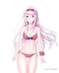  absurdres alternate_costume bad_id bad_pixiv_id bikini breasts brown_eyes cleavage collarbone hairband highres kantai_collection long_hair looking_at_viewer neiless_neiro shoukaku_(kantai_collection) silver_hair simple_background smile solo swimsuit 