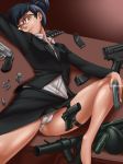  aki_natsuko bare_legs black-framed_eyewear black_footwear black_hair black_jacket black_skirt blazer breasts brown_eyes bullet buttons cameltoe closed_mouth collared_shirt commentary_request covered_clitoris cutie_honey dress_shirt eyebrows glasses gun handgun high_heels indoors jacket knee_up kyder lips long_sleeves looking_at_viewer lying magazine_(weapon) office_lady on_back over-rim_eyewear panties pantyshot pantyshot_(lying) pencil_skirt pistol semi-rimless_eyewear shirt shirt_tucked_in short_hair skirt small_breasts solo thigh_strap underwear weapon white_panties white_shirt wing_collar 