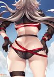  absurdres adjusting_clothes adjusting_swimsuit ass bikini black_bikini black_gloves black_jacket blue_sky breasts butt_crack cleavage commentary_request cowboy_shot cropped_jacket day facing_away fate/grand_order fate_(series) from_behind gloves hands_on_hips highres jacket jeanne_d'arc_(alter_swimsuit_berserker) jeanne_d'arc_(fate)_(all) kaorihero long_hair long_sleeves lowleg lowleg_bikini o-ring pale_skin patreon_logo shiny shiny_clothes shrug_(clothing) silver_hair sky solo swimsuit thigh_strap thighs very_long_hair 