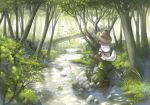  animal_ears basket cat_food commentary fishing forest gnome hat imoman nature original scenery silver_hair sitting straw_hat stream tail tree 