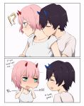  1boy 1girl alternate_hair_length alternate_hairstyle bangs beige_shirt black_hair blue_eyes blue_horns blush bra_strap breasts closed_eyes collarbone colorized comic commentary couple darling_in_the_franxx english english_commentary green_eyes hand_on_another's_arm hand_on_own_neck hand_to_own_mouth hetero highres hiro_(darling_in_the_franxx) horns hug hug_from_behind k_016002 looking_at_another medium_breasts nape off_shoulder oni_horns pink_hair red_horns shirt short_hair speech_bubble upper_body white_shirt zero_two_(darling_in_the_franxx) 