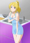  10s 1girl apron ayase_eli blonde_hair blue_eyes breasts cleavage embarrassed eyebrows_visible_through_hair frown indoors kitchen large_breasts light_blush looking_at_viewer love_live! love_live!_school_idol_project magicalflight naked_apron no_bra ponytail sink solo standing 
