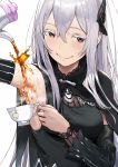  1girl bangs bare_shoulders black_capelet black_dress blush breasts butterfly_hair_ornament capelet closed_mouth cup dress echidna_(re:zero) hair_ornament hews_hack highres large_breasts long_hair looking_at_viewer pouring re:zero_kara_hajimeru_isekai_seikatsu red_eyes silver_hair simple_background smile striped tea teacup teapot vertical_stripes 