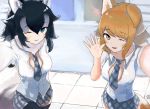  alternate_costume animal_ears black_hair blue_eyes brown_eyes brown_hair collared_shirt commentary cowboy_shot dnsdltkfkd ear_down eyebrows_visible_through_hair fang fur_collar grey_hair grey_wolf_(kemono_friends) highres italian_wolf_(kemono_friends) kemono_friends long_hair loose_necktie multicolored_hair multiple_girls necktie one_eye_closed plaid plaid_neckwear pleated_skirt reaching_out self_shot shirt short_sleeves skirt tail thighhighs unaligned_ears waving white_hair wolf_ears wolf_girl wolf_tail 