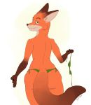 2018 4_fingers anthro big_butt bikini butt canine clothed clothing crossdressing disney fox gloves_(marking) green_eyes looking_at_viewer looking_back male mammal markings nick_wilde simple_background smile solo swimsuit symplefable thick_thighs topless white_background wide_hips zootopia 