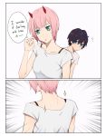  1girl alternate_hair_length alternate_hairstyle bangs beige_shirt black_hair blue_eyes blue_horns bra_strap breasts collarbone colorized comic commentary couple darling_in_the_franxx english english_commentary from_behind green_eyes hand_in_hair hand_up hetero highres hiro_(darling_in_the_franxx) horns k_016002 medium_breasts nape off_shoulder oni_horns pink_hair red_horns shirt short_hair upper_body white_shirt zero_two_(darling_in_the_franxx) 