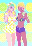  bad_id bad_pixiv_id bikini_shorts bleach blonde_hair blue_eyes bracelet breasts brown_eyes cleavage collarbone cup dark_skin dress drinking drinking_straw earrings facial_mark food food_themed_earrings green_hair green_nails hairband ice_cream_cone jewelry large_breasts lemon_earrings lemon_print lime_earrings lime_print long_hair looking_at_another looking_at_viewer multiple_girls nail_polish necklace nelliel_tu_odelschwanck popsicle ronisuke short_dress shorts tier_harribel yellow_nails 
