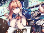  1girl armor artist_name blonde_hair blue_eyes blue_ribbon blurry blurry_background bracer braid breasts bridge brown_hair chrome_(browser) club covered_nipples crown_braid eyebrows_visible_through_hair gameplay_mechanics hair_ribbon highres holding holding_weapon impossible_clothes kousaka_yami large_breasts leaning_forward long_hair mireille_(sennen_sensou_aigis) monitor out_of_frame outdoors prince_(sennen_sensou_aigis) ribbon sennen_sensou_aigis solo_focus speech_bubble standing staring tiara tongue tongue_out translation_request weapon 