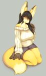  anthro black_hair breasts brown_fur canine clothed clothing female fluffy fox fur hair kneeling long_hair looking_at_viewer mammal multicolored_fur orange_eyes orange_fur shirokoma simple_background skirt smile solo sweater tan_fur thick_thighs 