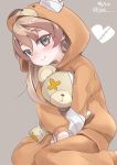  animal_costume animal_hood bear_costume bear_hood blush boko_(girls_und_panzer) brown_eyes brown_pants brown_shirt closed_mouth commentary dated gedoo_(gedo) girls_und_panzer grey_background heart highres holding holding_stuffed_animal hood hooded leaning_forward light_brown_hair light_smile long_hair looking_at_viewer pajamas pants shimada_arisu shirt simple_background sitting solo stuffed_animal stuffed_toy teddy_bear twitter_username v_arms 