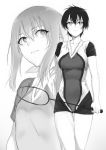  3: aragaki_nagisa badminton_racket breasts collar collarbone commentary_request greyscale hanebado! hanesaki_ayano highres holding monochrome multiple_girls onao parted_lips racket short_hair simple_background sportswear white_background 