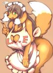  &lt;3 anthro apron big_breasts breasts brown_fur brown_hair canine cleavage clothed clothing dialogue dipstick_tail dog female fluffy fur green_eyes hair long_hair looking_at_viewer mammal multicolored_fur multicolored_tail pawpads shirokoma simple_background solo text tongue tongue_out two_tone_fur voluptuous white_fur wide_hips 