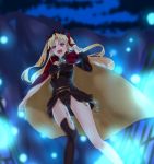  :d asymmetrical_legwear black_legwear black_leotard blonde_hair bow cape diadem earrings ereshkigal_(fate/grand_order) eyebrows_visible_through_hair fate/grand_order fate_(series) floating_hair from_below hair_between_eyes hair_bow highres jewelry leotard long_hair looking_at_viewer mai_(maika_04) night open_mouth outdoors red_bow red_eyes smile solo standing thighhighs twintails 