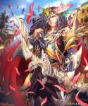  armor arrow bird blue_sky bow_(weapon) brown_eyes building cape day fantasy feathers frown hair_feathers hair_ornament hair_over_one_eye highres holding holding_bow_(weapon) holding_weapon kazto_furuya knife long_hair looking_at_viewer male_focus official_art outdoors pink_feathers quiver red_cape sheath sheathed shingoku_no_valhalla_gate shoulder_spikes sky solo spikes standing tree watermark weapon 