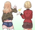  2girls ass back black_shirt black_skirt blonde_hair blue_shorts braid brown_jacket commentary cowboy_shot darjeeling denim denim_shorts dimples_of_venus epaulettes facing_away from_behind girls_und_panzer gradient gradient_background green_background high_five jacket kay_(girls_und_panzer) long_hair long_sleeves midriff military military_uniform multiple_girls oteruko_(wanabeee) pleated_skirt red_jacket saunders_military_uniform shirt short_hair short_shorts shorts skindentation skirt st._gloriana's_military_uniform standing thighhighs thighs tied_hair twin_braids uniform white_legwear 