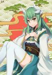  commentary_request dragon_horns egasumi eyebrows_visible_through_hair fate/grand_order fate_(series) gold_trim green_hair hair_ornament hand_on_own_chest highres horns japanese_clothes kimono kiyohime_(fate/grand_order) long_hair looking_at_viewer obi ribbon sash sitting solo thighhighs tree_rice very_long_hair white_legwear wide_sleeves yellow_eyes 