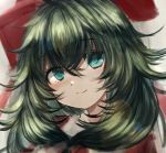  bangs blush bow dress eyebrows_visible_through_hair flare green_eyes green_hair hair_between_eyes hair_bow head_tilt highres kagiyama_hina lens_flare long_sleeves looking_at_viewer maho_moco messy_hair portrait red_bow red_dress smile solo touhou 