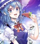  :d bad_arm blue_eyes blue_hair blue_ribbon blurry blurry_background bow bowtie cirno day food hair_between_eyes hat hat_ribbon highres holding holding_food lens_flare looking_at_viewer open_mouth outdoors popsicle red_bow ribbon shirt short_hair short_sleeves smile solo sun_hat touhou unity_(ekvmsp02) upper_body watermelon_bar white_hat white_shirt 