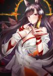  absurdres akagi_(azur_lane) animal_ears azur_lane bangs black_hair blush breasts bride cleavage collarbone commentary dress eyebrows_visible_through_hair finger_to_mouth floating_hair fox_ears fox_tail gloves hair_ornament highres hood japanese_clothes kimono large_breasts long_hair looking_at_viewer multiple_tails no_bra numaguro_(tomokun0808) off_shoulder open_mouth reaching_out red_eyes ribbon shikigami smile solo tail tassel uchikake upper_body wedding_dress white_kimono wide_sleeves wind wind_lift wrist_ribbon 