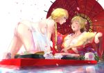  ahoge all_fours areolae artoria_pendragon_(all) ass blonde_hair braid breasts cherry_blossoms closed_eyes commentary covered_nipples cup eefec fate/grand_order fate_(series) fish floral_print flower food food_in_mouth fruit goldfish hair_bun highres japanese_clothes jeanne_d'arc_(fate) jeanne_d'arc_(fate)_(all) kimono medium_breasts multiple_girls nipples obentou open_mouth oriental_umbrella panties petals purple_eyes saber see-through sharing_food strawberry umbrella underwear wet wet_clothes yuri 