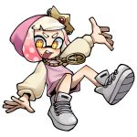  1girl :d crown domino_mask full_body gradient_hair hime_(splatoon) hood hood_up hoodie lkll long_sleeves looking_at_viewer mask medallion mole mole_under_mouth multicolored_hair no_nose open_mouth pink_hair raglan_sleeves shoes short_hair simple_background smile sneakers solo splatoon_(series) splatoon_2 splatoon_2:_octo_expansion symbol-shaped_pupils tentacle_hair two-tone_hair white_background white_hair yellow_eyes 