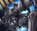  commentary flying glowing glowing_eyes hellsinker highres holding holding_weapon lance mecha multiple_arms no_humans no_legs polearm red_eyes rex_cavalier shoulder_armor tanishi_(visda6580x) weapon 