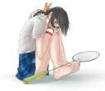  badminton_racket barefoot brown_hair from_side full_body green_eyes hanebado! hanesaki_ayano highres knees_to_chest legs looking_at_viewer looking_to_the_side myu5uke pleated_skirt racket school_uniform simple_background sitting sitting_on_ground skirt solo sweatband thighs white_background 