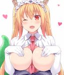  ;d between_breasts blonde_hair breasts breasts_outside commentary_request covering_nipples dragon_tail elbow_gloves eyebrows_visible_through_hair fang gloves hasu_(hk_works) heart horns kobayashi-san_chi_no_maidragon large_breasts looking_at_viewer maid_headdress necktie necktie_between_breasts one_eye_closed open_clothes open_mouth open_shirt red_eyes red_neckwear shirt simple_background smile solo tail tooru_(maidragon) twintails upper_body white_background white_gloves white_shirt 