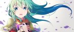  aqua_hair blue_eyes book bracelet commentary_request crying crying_with_eyes_open earrings eirika fire_emblem fire_emblem:_seima_no_kouseki fire_emblem_heroes highres holding holding_book jewelry long_hair open_mouth petals ringozaka_mariko shoulder_armor simple_background solo tears white_background 