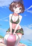  akiyama_yukari arm_support backwards_hat ball bangs baseball_cap beach beachball bikini bikini_shorts blue_hat breasts brown_eyes brown_hair camouflage camouflage_bikini cloud cloudy_sky commentary condensation_trail day dutch_angle eyebrows_visible_through_hair gedoo_(gedo) girls_und_panzer green_bikini hat head_tilt highres kneeling leaning_forward looking_at_viewer medium_breasts messy_hair navel open_mouth outdoors short_hair shorts sky smile swimsuit v_arms 