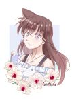  artist_name azgby brown_eyes brown_hair collarbone eyebrows_visible_through_hair floating_hair flower hair_between_eyes highres jewelry long_hair meitantei_conan mouri_ran necklace off-shoulder_shirt shiny shiny_hair shirt simple_background smile solo upper_body white_background white_flower white_shirt 