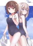  back-to-back bangs blue_eyes blue_swimsuit blush breasts brown_eyes brown_hair cleavage closed_mouth cloud cloudy_sky commentary competition_school_swimsuit cowboy_shot dated day eyebrows_visible_through_hair gedoo_(gedo) girls_und_panzer highres holding holding_towel itsumi_erika letterboxed light_frown long_hair looking_at_viewer looking_back multiple_girls nishizumi_maho one-piece_swimsuit outdoors school_swimsuit short_hair silver_hair sky standing swim_cap swimsuit thighs towel twitter_username white_towel 