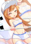  1girl blush breasts brown_hair cameltoe erect_nipples groin hataraku_saibou looking_at_viewer navel nipples one_eye_closed platelet_(hataraku_saibou) race_queen see-through small_breasts smile solo sweat thighhighs white_legwear 