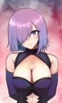  armor armored_dress arms_behind_back bangs bare_shoulders blush breasts cleavage_cutout commentary_request detached_sleeves elbow_gloves eyebrows_visible_through_hair fate/grand_order fate_(series) gloves hair_over_one_eye highres kojima_(blue_stardust) large_breasts lavender_hair looking_at_viewer mash_kyrielight multicolored multicolored_background purple_eyes short_hair signature solo 